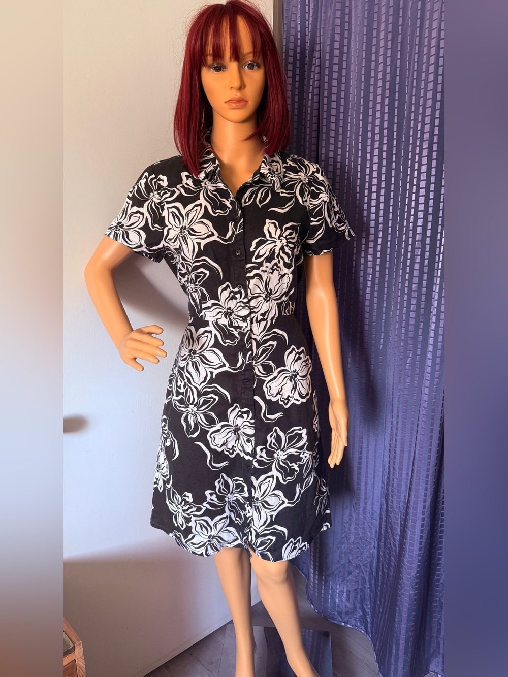 Jacquie 100% Linen Collection Navy Blue White Floral Shirt Dress Size 10